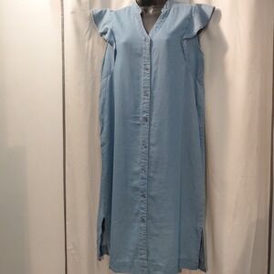 Harlow & Rose Chambray Button Front Dress L Blue Sleeveless Ruffle Sleeve Denim